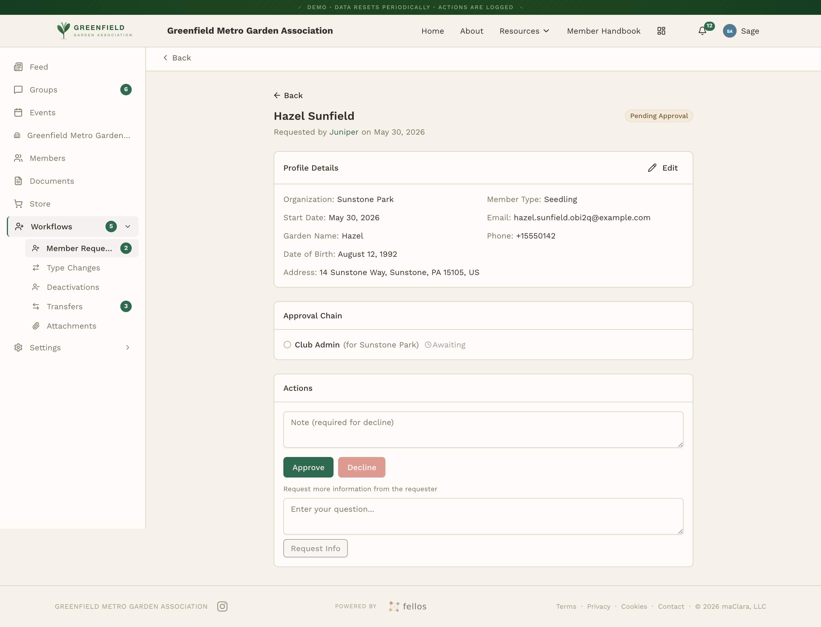 An onboarding request awaiting your approval with Approve, Decline, and Request Info buttons.