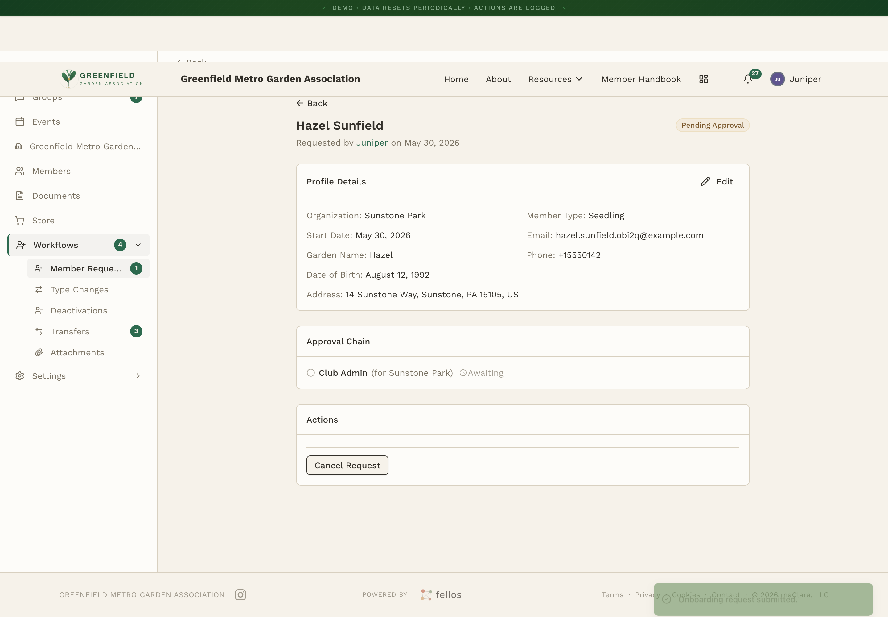 A submitted onboarding request showing Pending Approval status.
