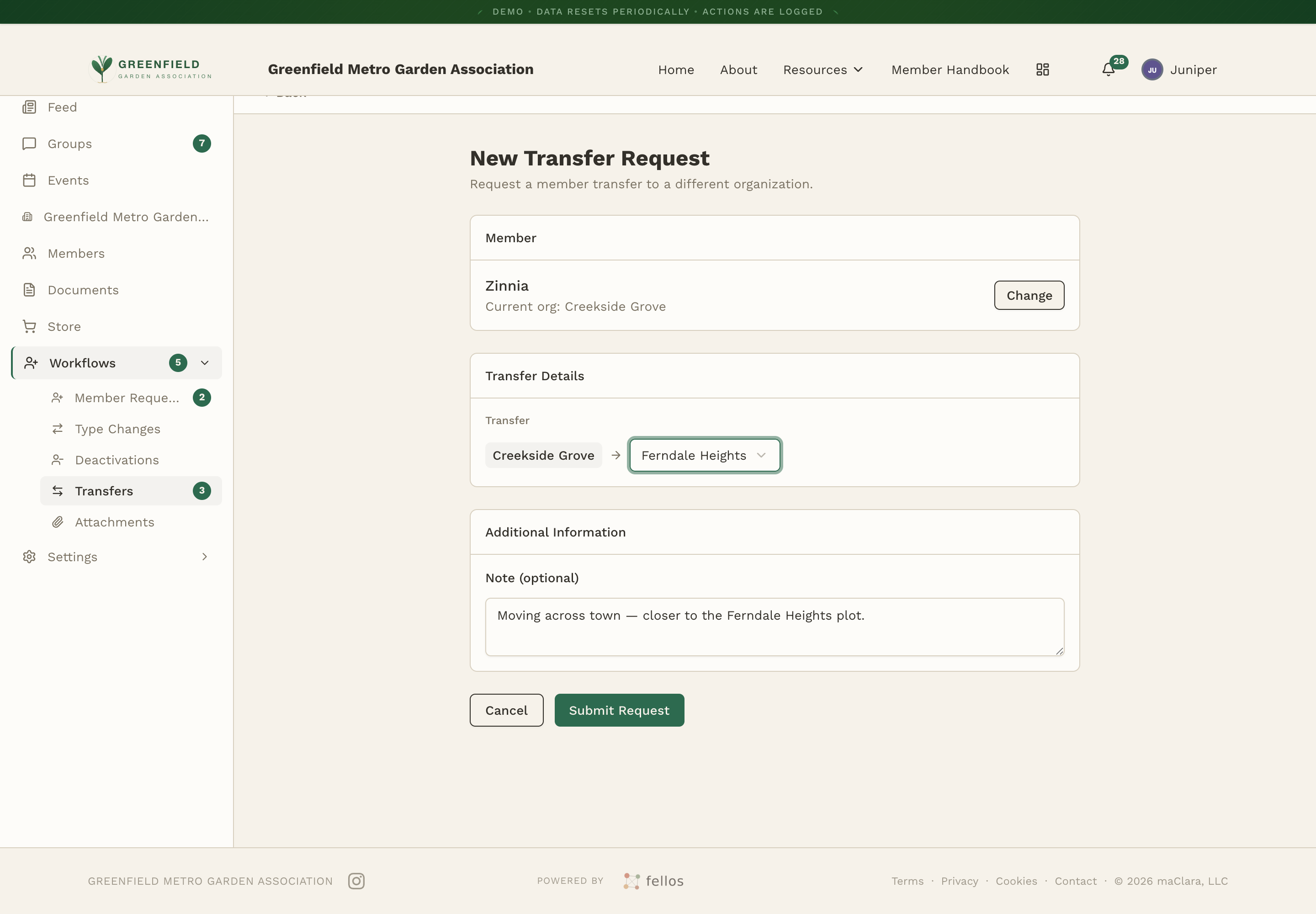 The New Transfer Request form with a member, destination organization, and note filled in.