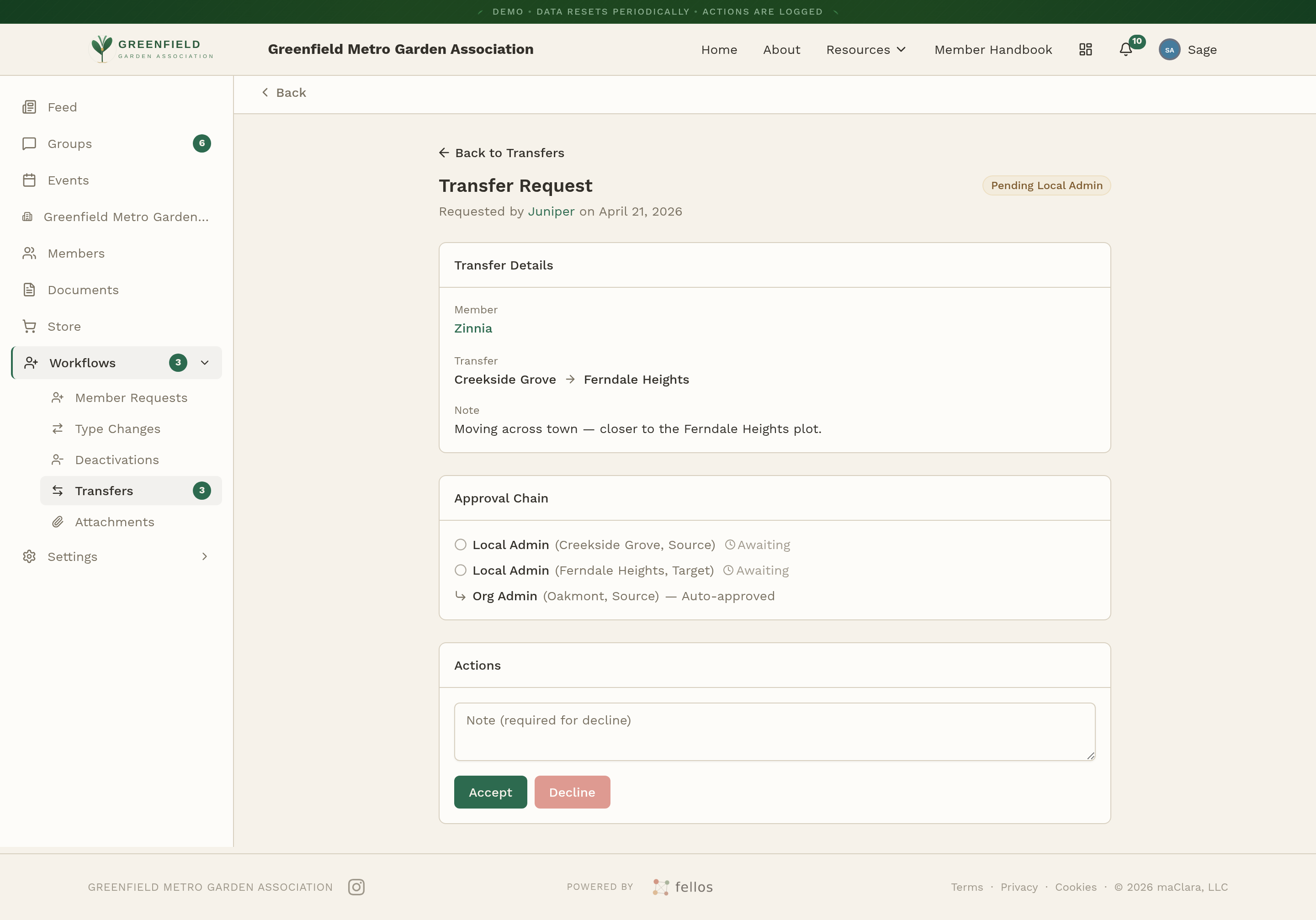 A transfer request pending Local Admin approval with Accept and Decline buttons and a three-step Approval Chain.