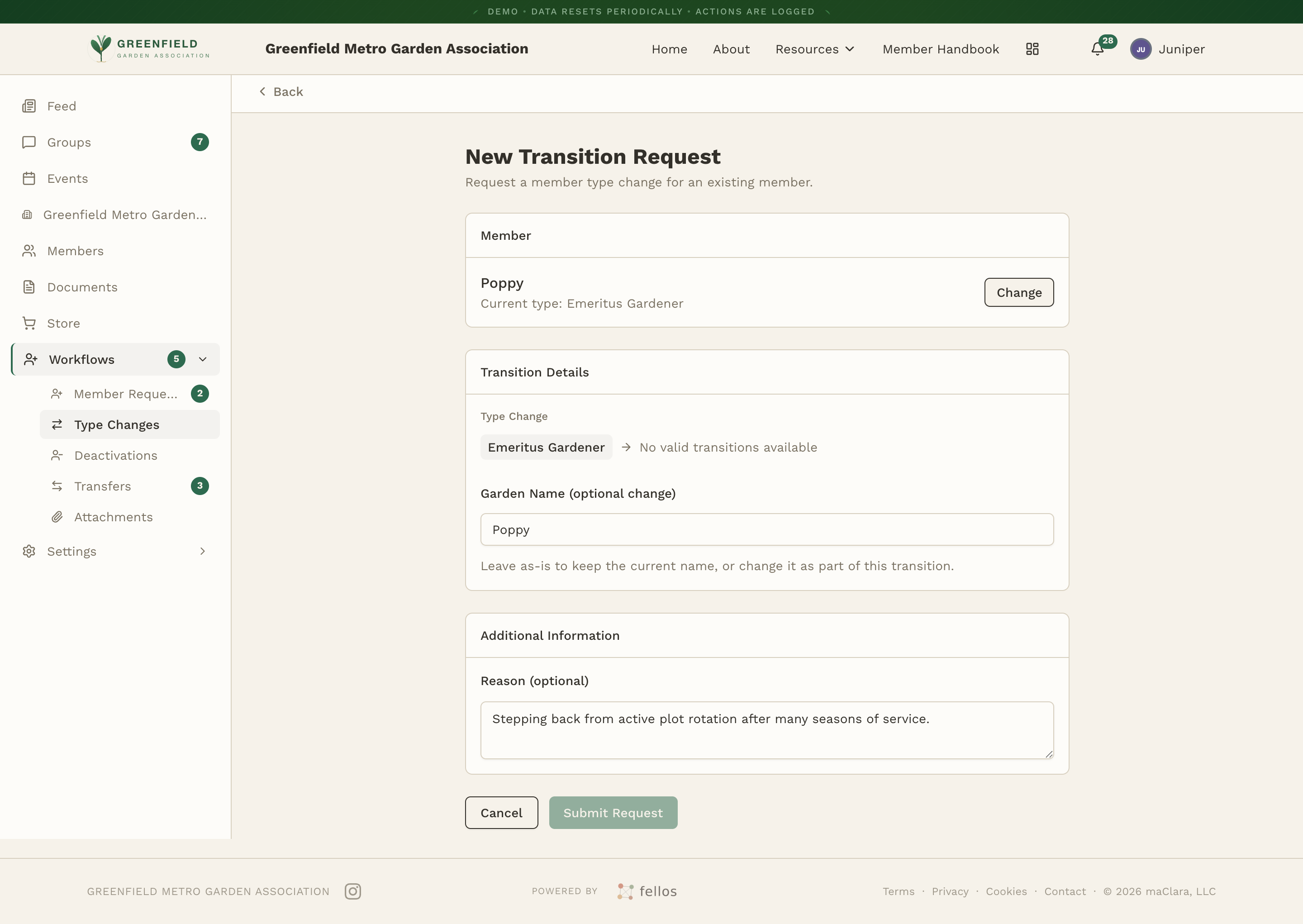 The New Transition Request form with a member picked and a reason typed in.