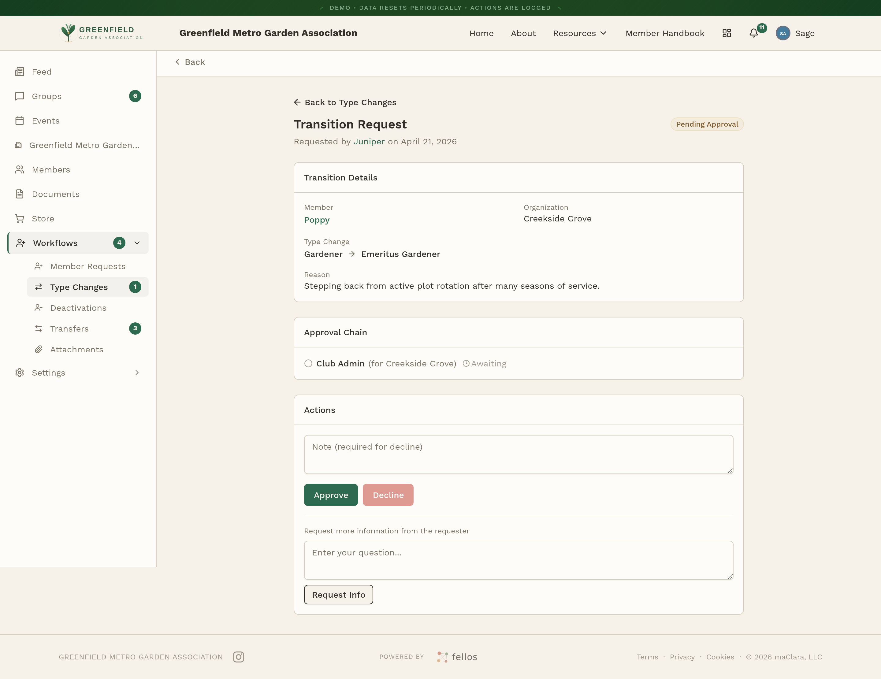 A pending transition request with Approve, Decline, and Request Info buttons.