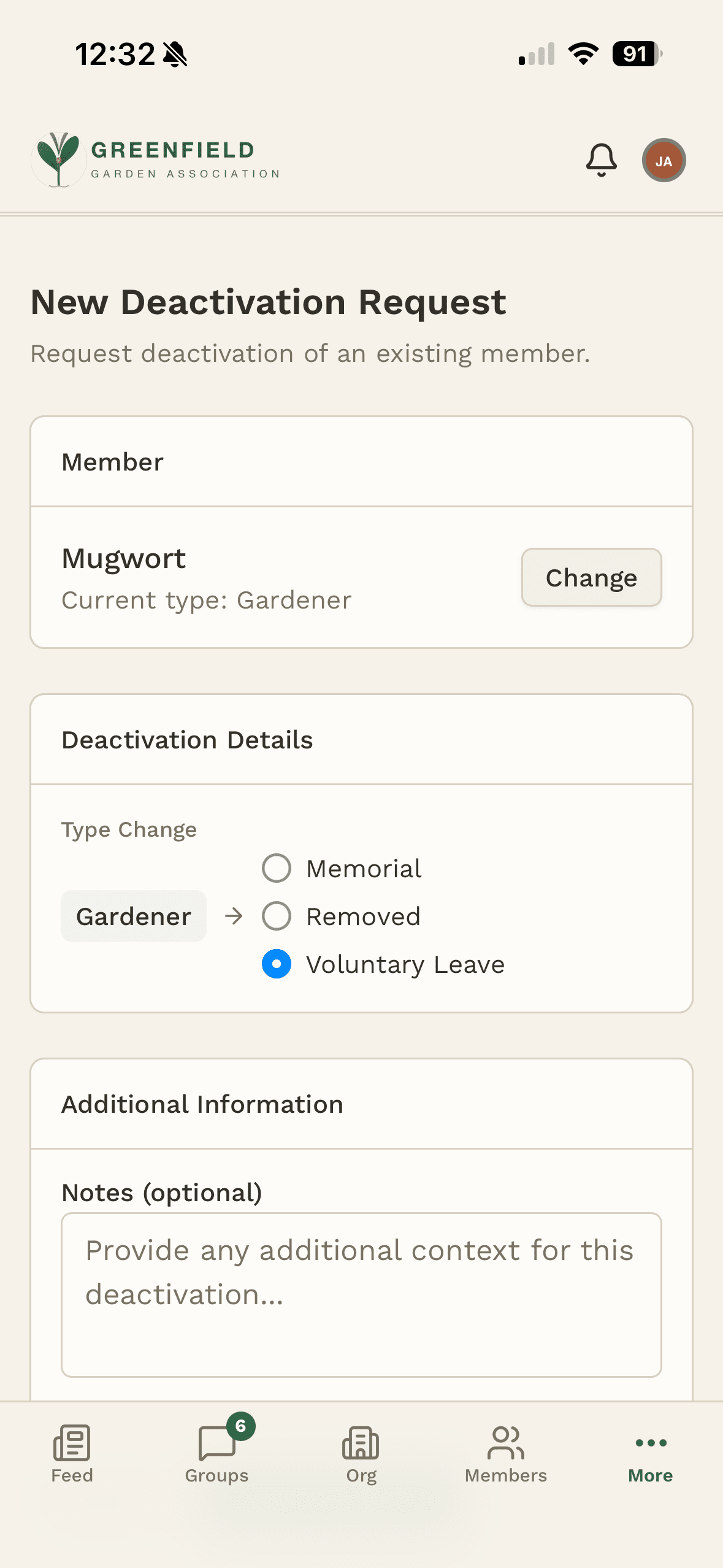 Member deactivation request form