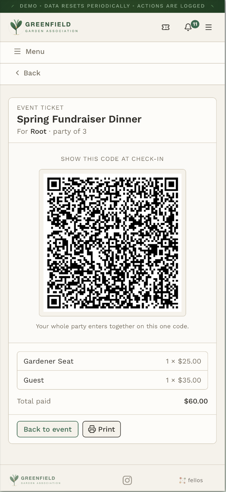 Member ticket with QR code on phone