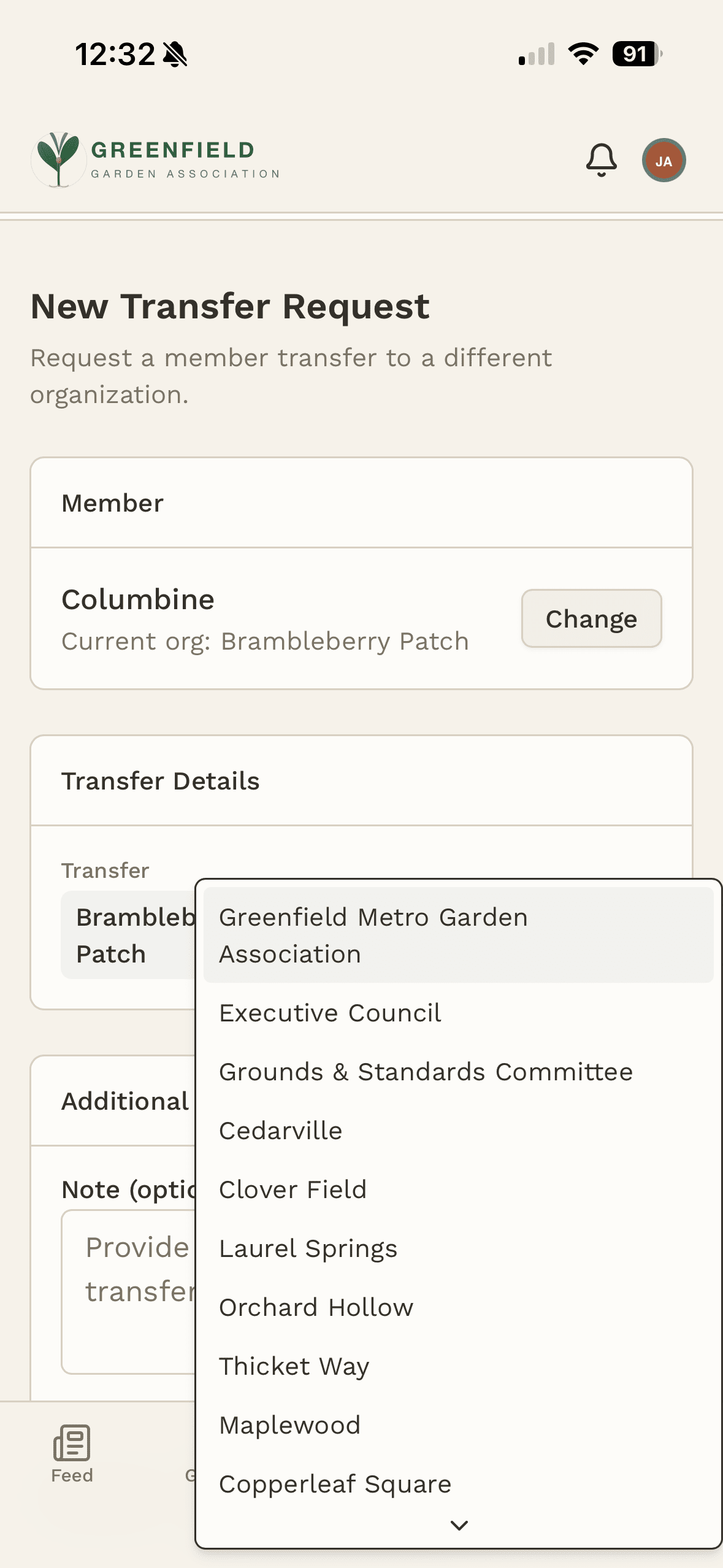 Member transfer request with org selection