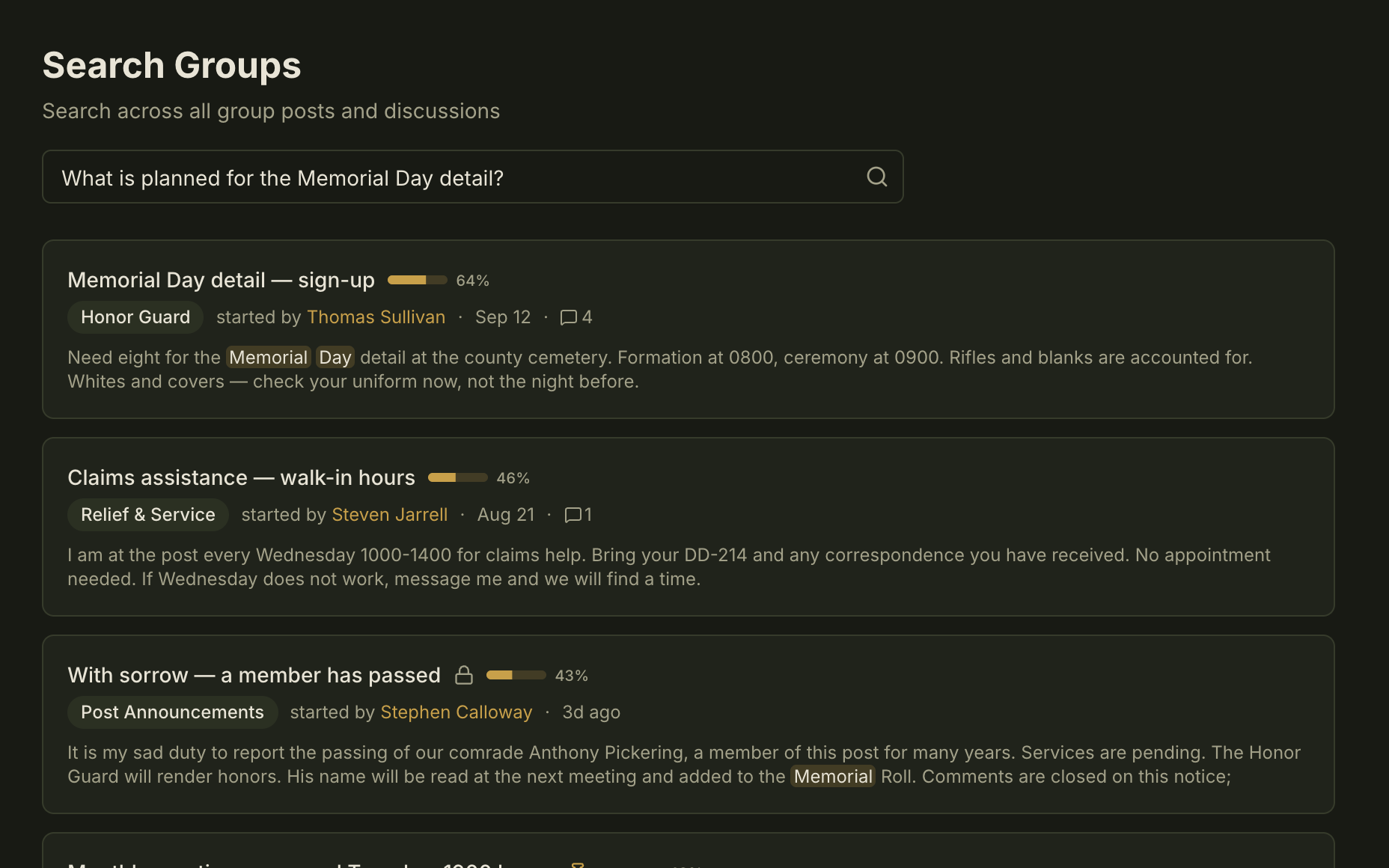 Group search results in fellos for a question typed into the search box: threads ranked with a match score, each with its group, author, date and a snippet.