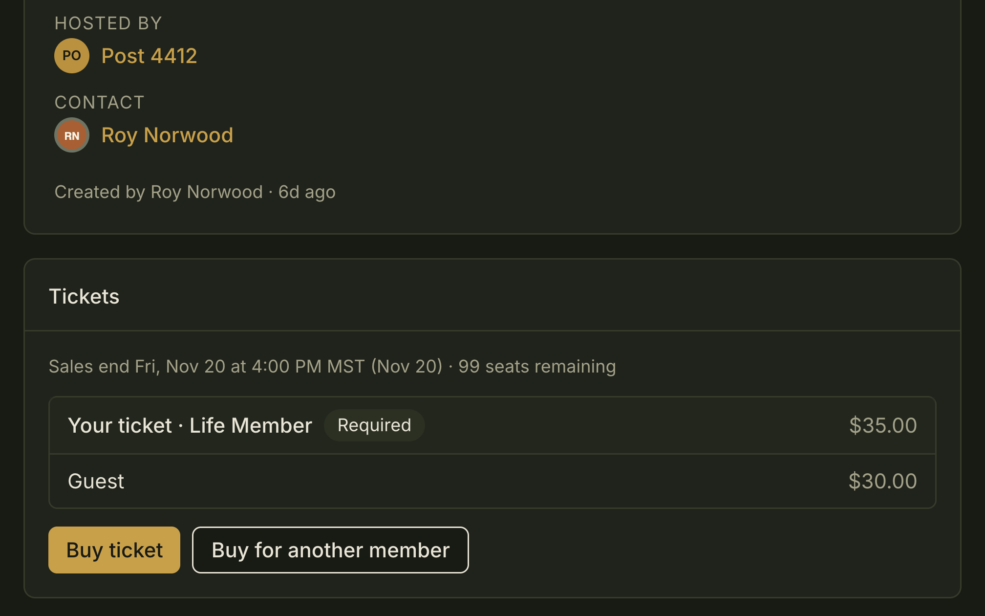 The tickets card on a paid event's page in fellos, as a member who holds no ticket sees it, below the event's host and contact: when ticket sales end and how many seats remain, the member's own seat, the one for their member type, marked required, then a line for a guest, each with its price, and buttons to buy a ticket or to buy one for another member.